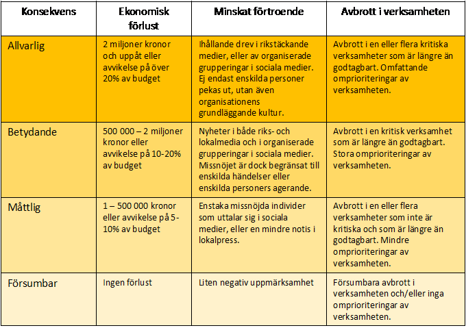 Exempel på konsekvensnivåer och -kategorier